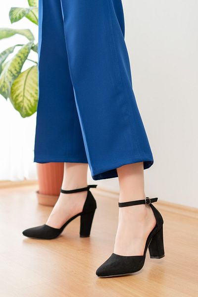 DİVOLYA Lora Black Suede Ankle Strap Heeled Shoes