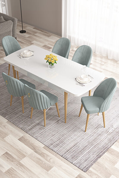 Canisa Roz Serisi 80x132 Mdf Beyaz Doğal Ahşap Ayaklı Masa Takımı Ve 6 Su Yeşili Sandalye