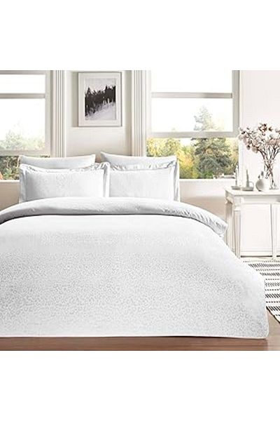 Hepta Collection Crown Leo Patterned 100% Cotton Duvet Cover Set, White, Double