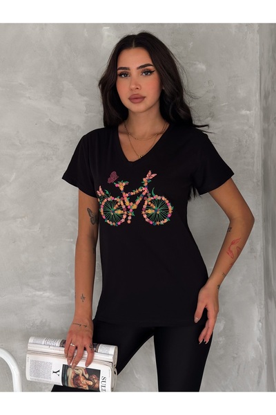 Esra Butik Hane تي شيرت نسائي أسود برقبة على شكل حرف V ومطرز بالترتر 100% قطن