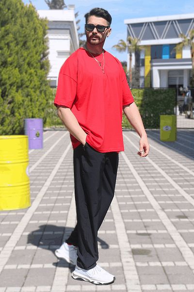 EydaMoon Tricou roșu oversize pentru bărbați, 100% bumbac, cu decolteu triplu