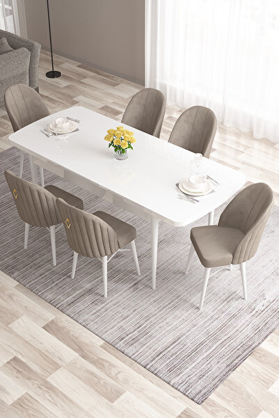 Canisa Roz Serisi 80x132 Mdf Açılabilir Beyaz Masa Takımı Gold Halkalı 6 Cappucino Sandalye