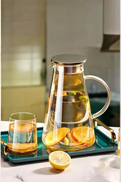 morponi Borosilikat Cam Metal Kapaklı Lüks Sürahi 1900 ml Gold