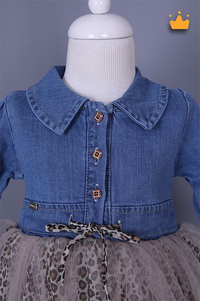 Babydola Denim Fabric Leopard Detailed Baby Girl Children's Eid Dress Brown