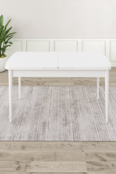 Canisa Roz Serisi 80x132 Mdf Açılabilir Beyaz Mutfak Masası Takımı 6 Gold Halkalı Gri Sandalye
