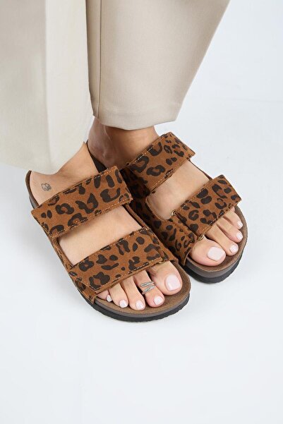 Manijero (Vina 2 Leopard) Γυναικείες παντόφλες από γνήσιο δέρμα με διπλό Velcro Tan