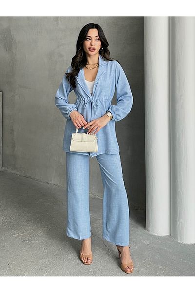 MD trend Women's Linen Waist Drawstring Jacket and Palazzo Pants Two Piece Set