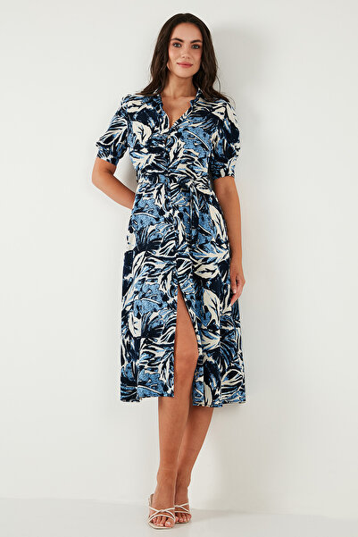 Lela Сукня міді з візерунком на поясі, з рукавом-балоном, розрізом ELBISE 67810558