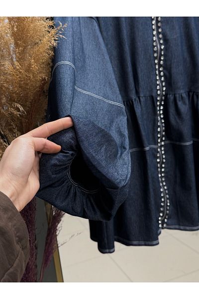 Ebrar Store İlsu Stone Zippered Plaid Shirt-Bn4365 Denim Color