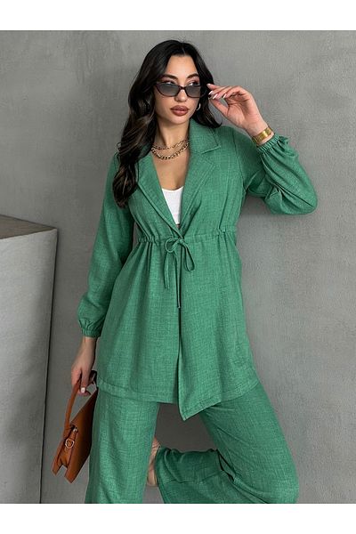 MD trend Women's Linen Waist Drawstring Jacket and Palazzo Pants Two Piece Set