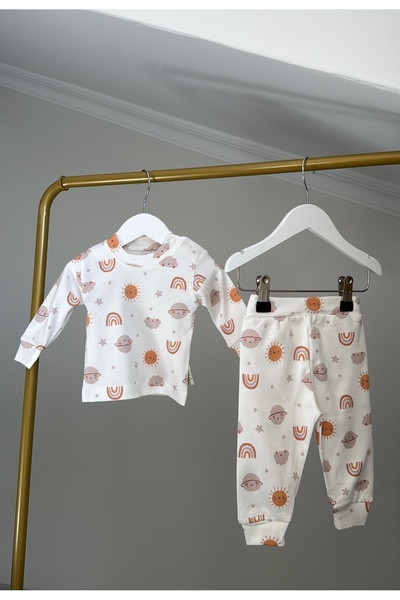 SUQVA %100 Pamuklu Uzun Kollu Desenli Bebek Pijama Takımı (0-12 Ay)