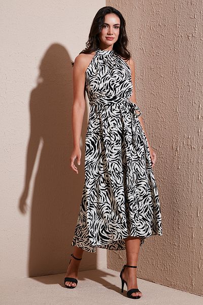 Lela Patterned Regular Fit Halter Belted Midi Length Dress Dress 6772030