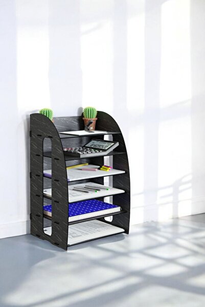 Evene Dosya Düzenleyici Masa Üstü Organizer Ahşap Evrak Rafı Siyah Mermer Renk Model 66