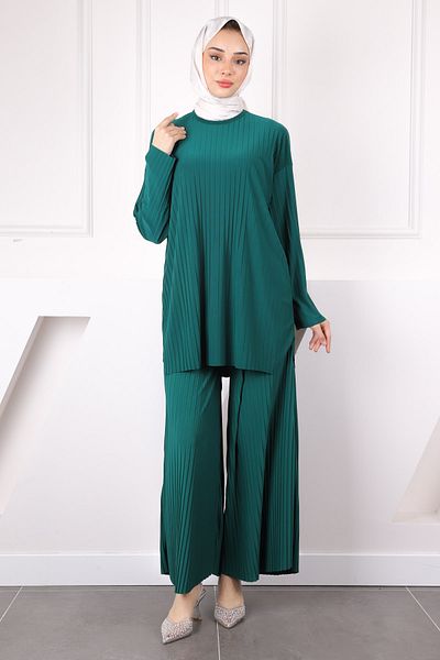 İmajButik Σετ παντελόνι με πλισέ σμαραγδί πράσινο άμμο