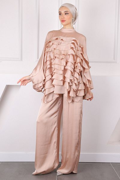 İmajButik Σετ Ειδικού Σχεδιασμού με Μπεζ βολάν παντελόνι Katkat Tunic