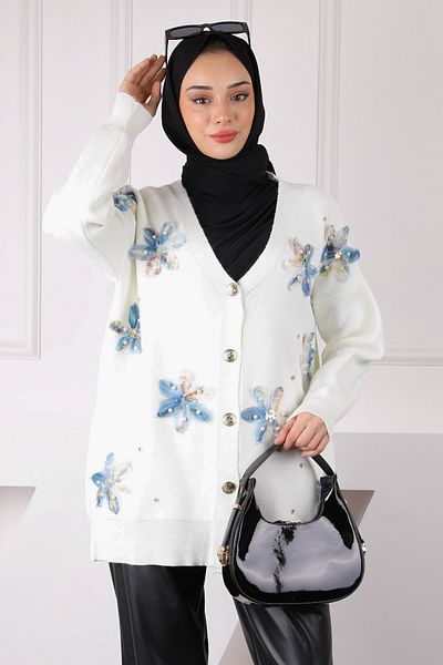 İmajButik Πλεκτή Ζακέτα Ecru Flower Λεπτομερής