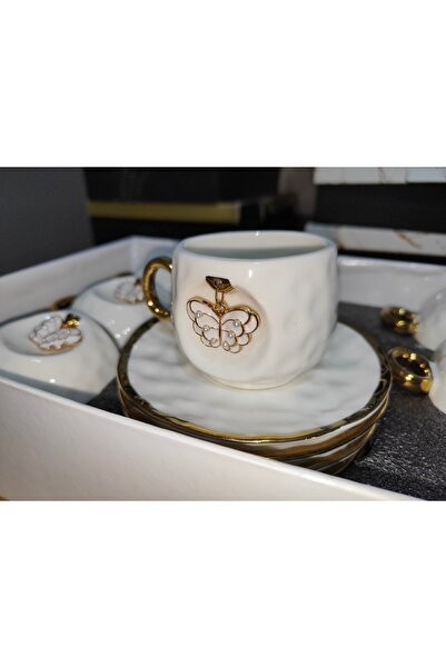 PasajdanBul kelebek askılı altın sarısı yeni model 6 kişilik kahve fincan takımı
