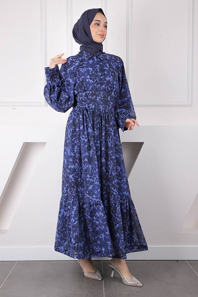 İmajButik Navy Blue Side Tie Patterned Chiffon Dress