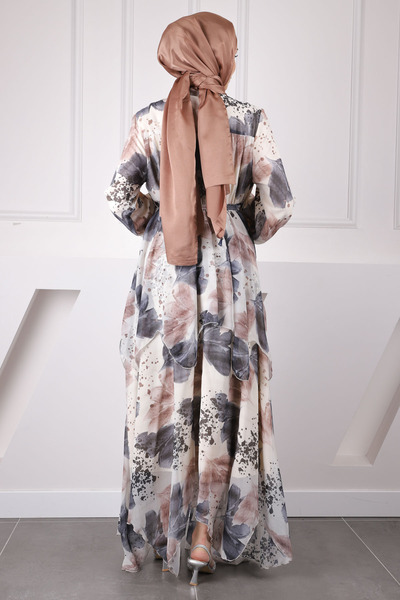 İmajButik Γκρι φόρεμα σιφόν με ζώνη στη μέση