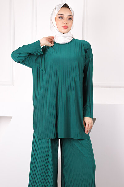 İmajButik Emerald Green Pleated Sandy Tunic Trousers Set