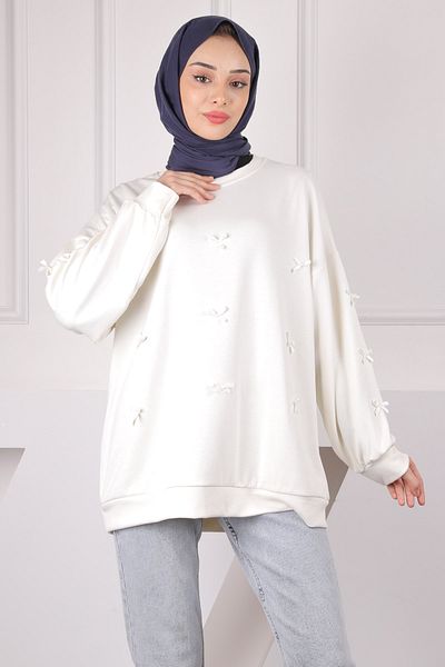 İmajButik Εκρού Κορδέλα Λεπτομερής Modal Sweat