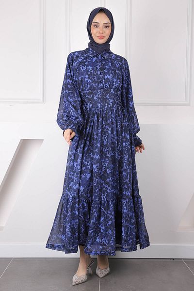 İmajButik Navy Blue Side Tie Patterned Chiffon Dress