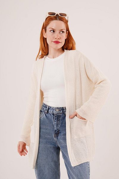 MRA Fashion Loose Model Knitwear Long Cream Cardigan with Pockets
