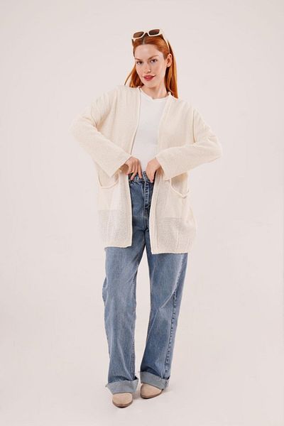 MRA Fashion Loose Model Knitwear Long Cream Cardigan with Pockets