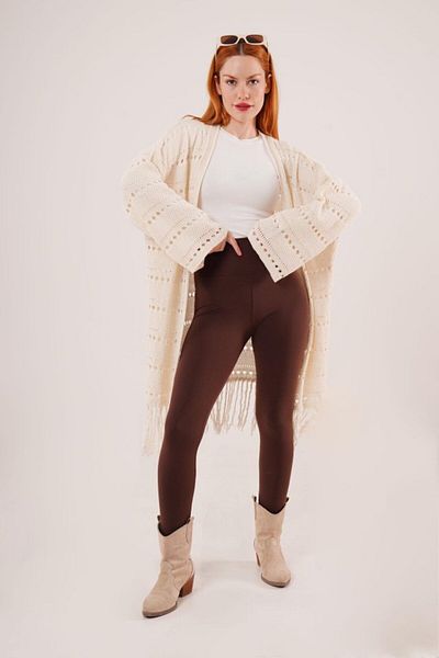 MRA Fashion Perforated Transition Tassel Detail Long Knitwear Cream Cardigan
