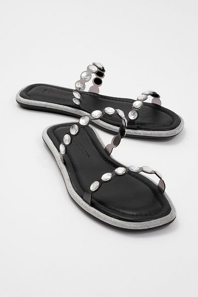 Dericlub Papuci de damă cu bandă de piatră transparentă, eleganti, din piele naturală ZY 8082 NEGRU