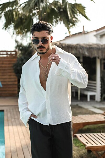 OUTFİT MAN Erkek Special Dokulu Oversize Gömlek Beyaz