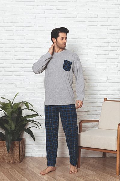 Sude HOMEWEAR Ανδρικά παπούτσια ERCAN Alan Gris Top Pocket Bottom Blue Check PJM TKM