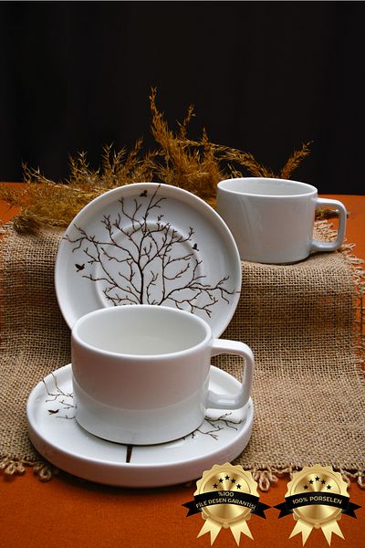 Heda Porselen Tree of Life 4-Piece Porcelain Tea Cup Set for 2 People