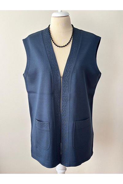 Özenli Triko Blue Steel Knitted Stone Mother Vest Saks