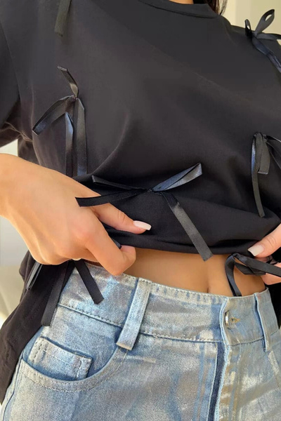 KRIMO Crew Neck Short Sleeve T-Shirt with Ribbon Bow