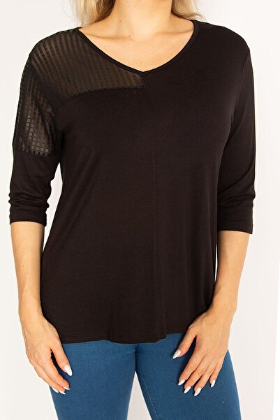 Şans Kadın Büyük Beden Siyah Lazer Kesim Detaylı Kapri Kollu Viskon Bluz 65n34631