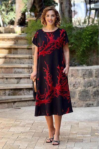 Nevin Kaya Moda Rochie cu model de mare de culoare neagră roșie