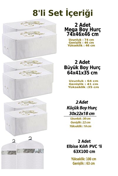 umbellatum Τσάντα αποθήκευσης Hurç Organizer 2 Mega 2 Μεγάλο 2 Μικρό Μέγεθος και Θήκη Ρούχων Λευκό Χρώμα Σετ 8 τεμαχίων