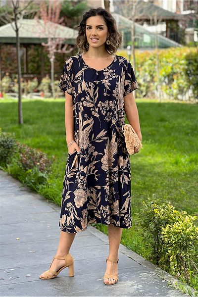 Nevin Kaya Moda Rochie din viscoză din bumbac pieptănat cu model de frunze bleumarin