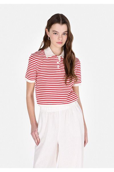 Colin's Regular Fit Polo Neck Striped Women's Red Short Sleeve T-Shirt