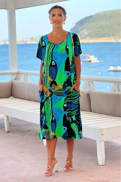 Nevin Kaya Moda Φόρεμα από χτενισμένο βαμβακερό βισκόζη με σχέδιο πράσινου ουρανού