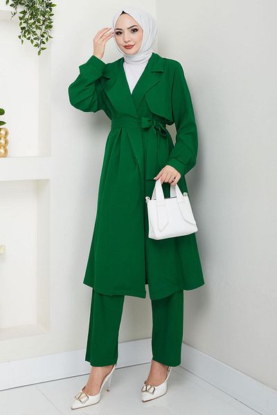 hafsamina Summer Double Breasted Collar Trench Coat Double Suit Emerald Green Hm2703