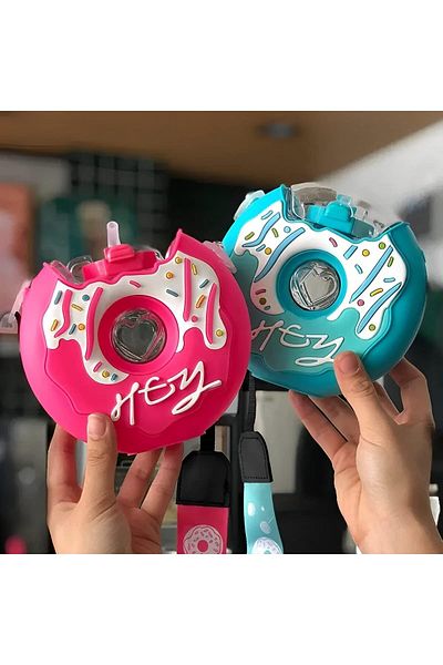 erorex Kids Water Bottle For School 380Ml Donut Drinking Bottles With Straw And Shoulder Strap Bpa Free