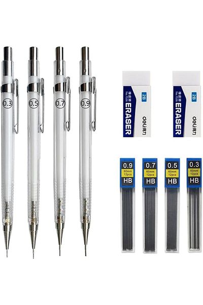 erorex Mechanical Pencil Set 4 Pcs Transparent Pencils 0.3 0.5 0.7 0.9 Mm With 4 Boxes Of Hb Pencil Lead 2