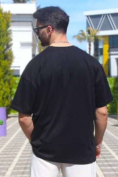EydaMoon Ανδρικό μπλουζάκι με κοντό μανίκι με λαιμόκοψη, ελαστικό βιολογικό μονό ζέρσεϊ, μαύρο oversize