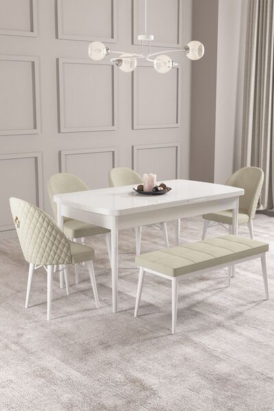 asaella mobilya Calvin Beyaz 80x132 Mdf Açılabilir Mutfak Masası Takımı 4 San...