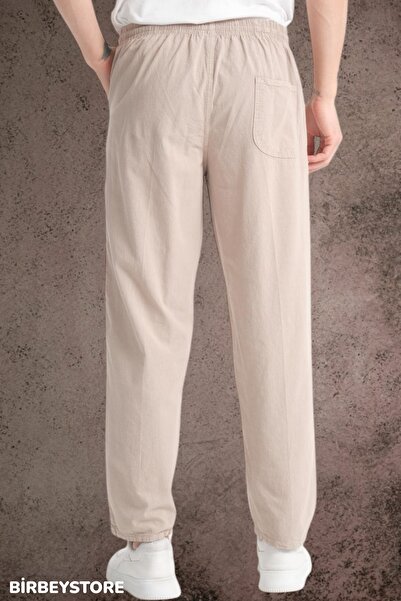 BİRBEYSTORE Yazlık Keten Pantolon Ham Bez Eşofman Beli Lastikli Unisex Rahat Kalıp