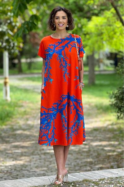 Nevin Kaya Moda Rochie cu model mare de culoare portocalie