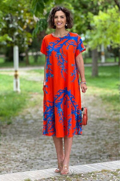 Nevin Kaya Moda Rochie cu model mare de culoare portocalie