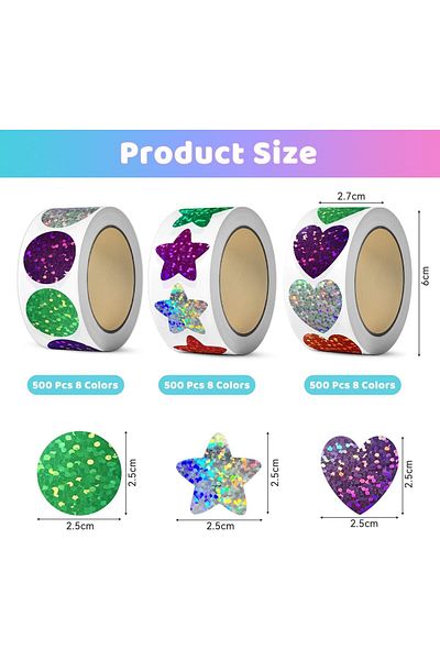 erorex 1500Pcs Glitter Star Stickers Heart Stickers Round Stickers Foil Shiny Stickers For Kids Reward